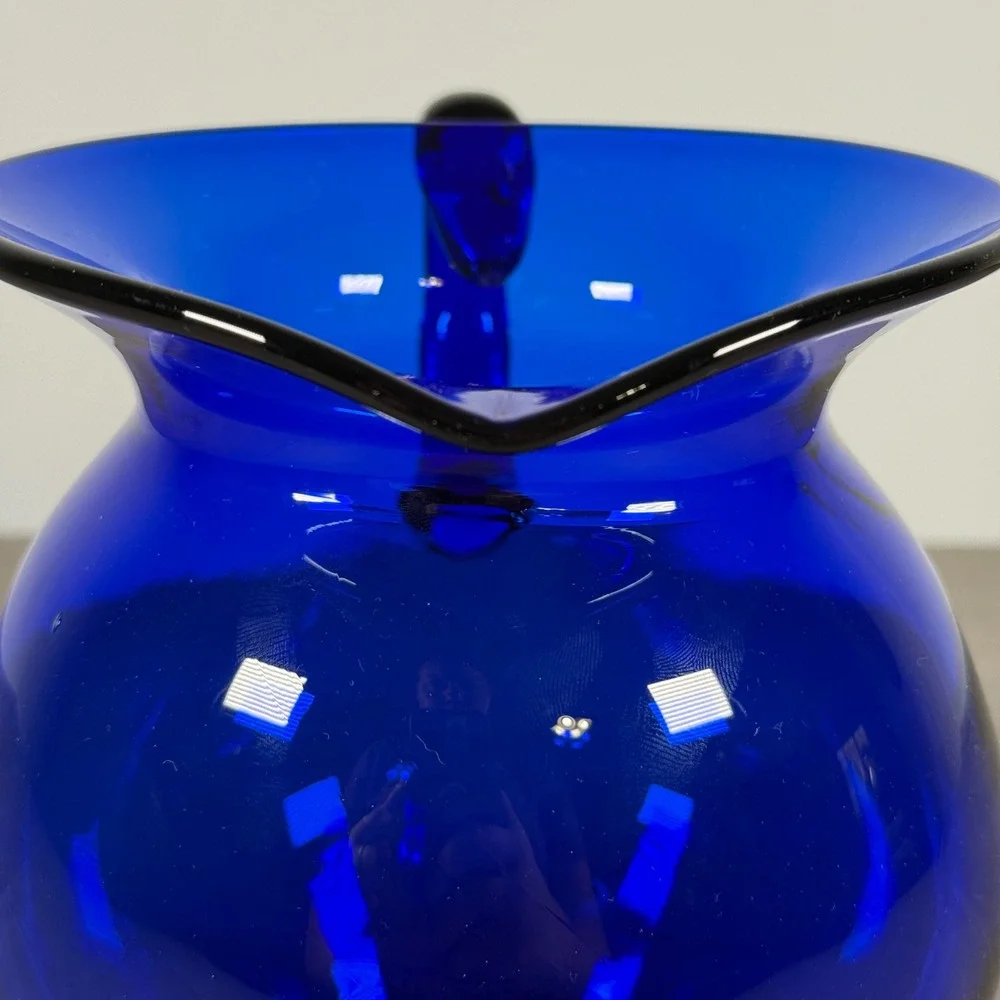 Blenko Cobalt Blue Glass Pitcher Signed 2005 Hand Blown 7.5in USA 2000s